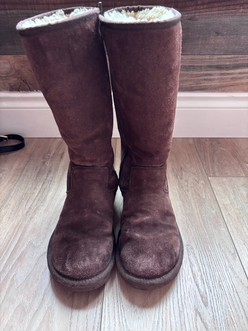 UGG Tall Brown Suede Winter Boots with Shearling Cuff and zipper closure